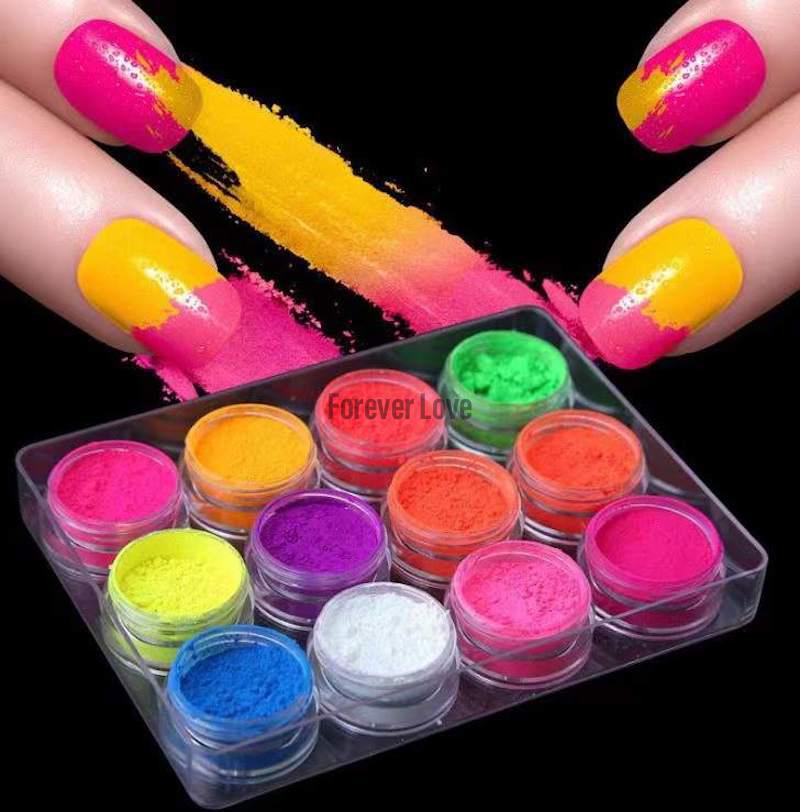 Forever Love Pigment Nail Powder, Colorful Fluorescent Color Nail Pigments Dust Nail Glitter Gradient Iridescent Nail Art Decoration